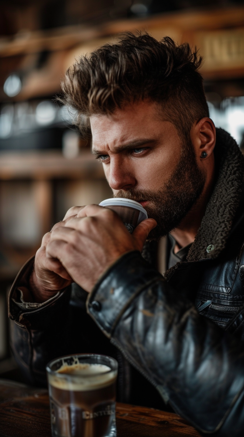 Masculine man drinking powdered coffee testosterone booster