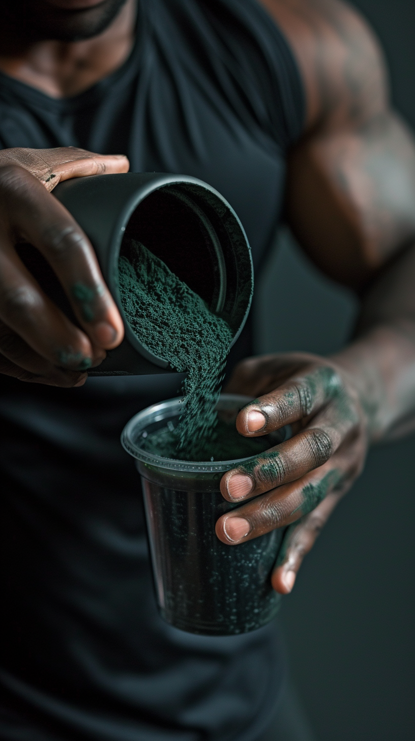 masculine man pouring dark green fitness supplement