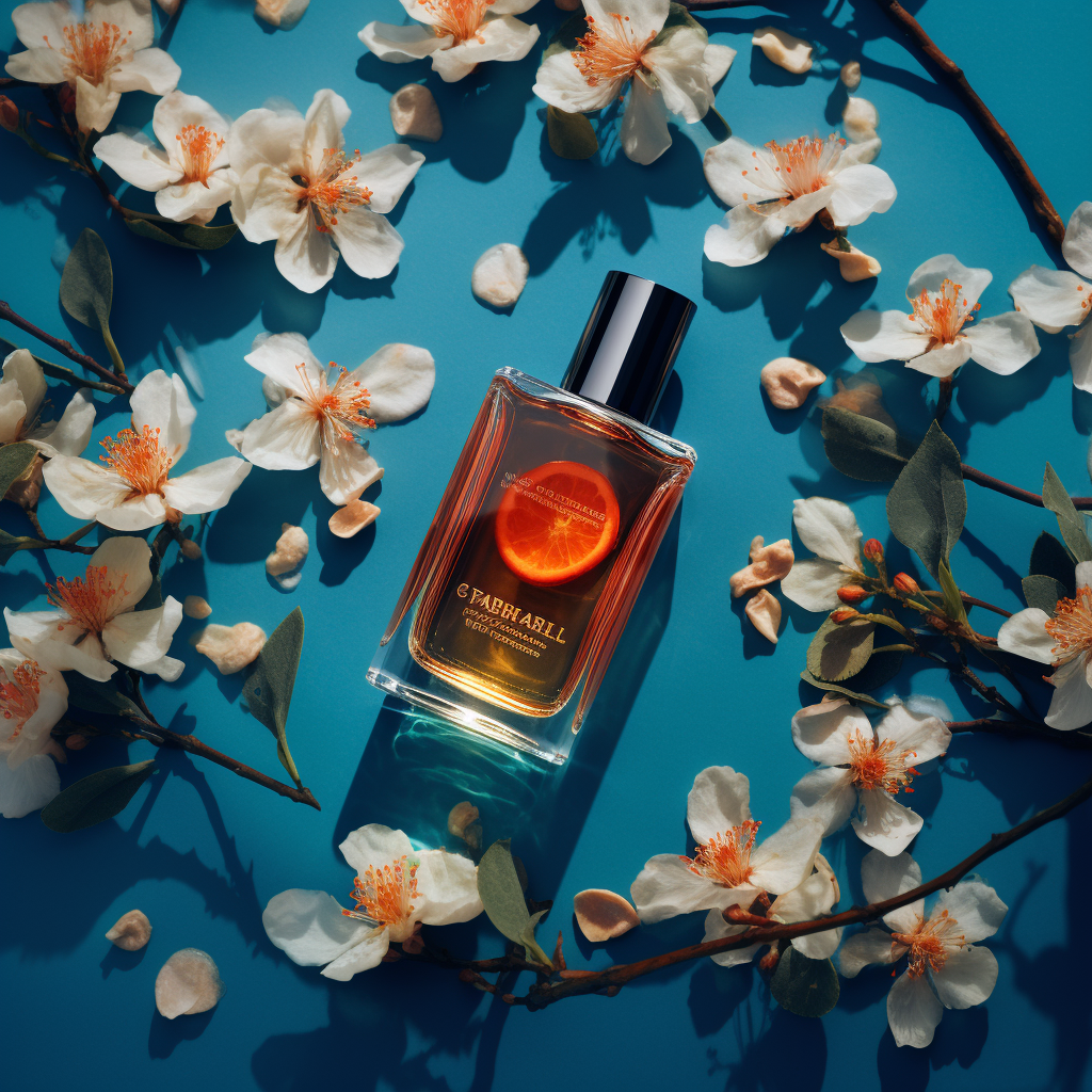 Masculine Perfume on Blue Background with Orange Blossom