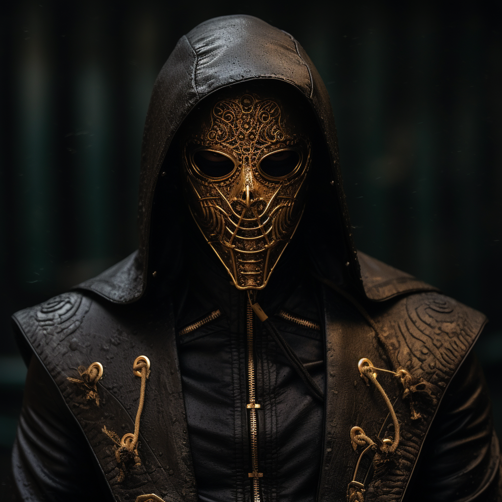 Masked man with golden petern lines on dark background