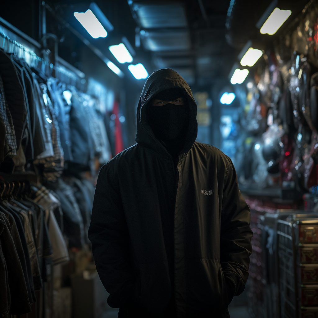 Masked man with hoodie, tugged clothes