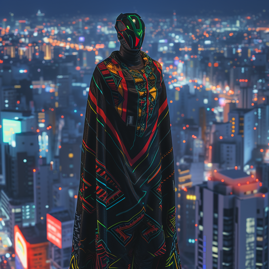 Masked man on rooftop in city at night