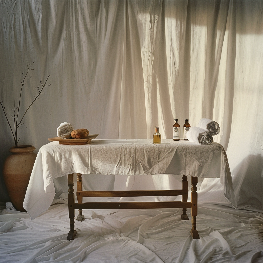 Massage table with sheets, oil bottles