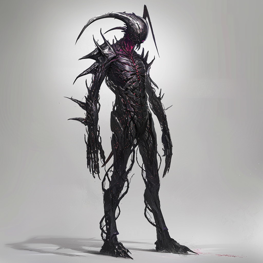 Massive humanoid creature with dark plated skin and silver horns