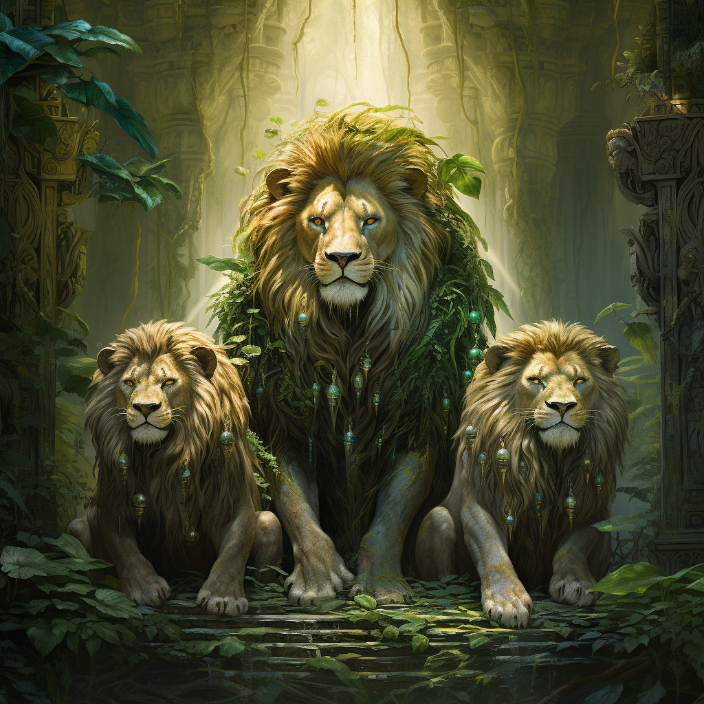 Three majestic lions amidst golden coins