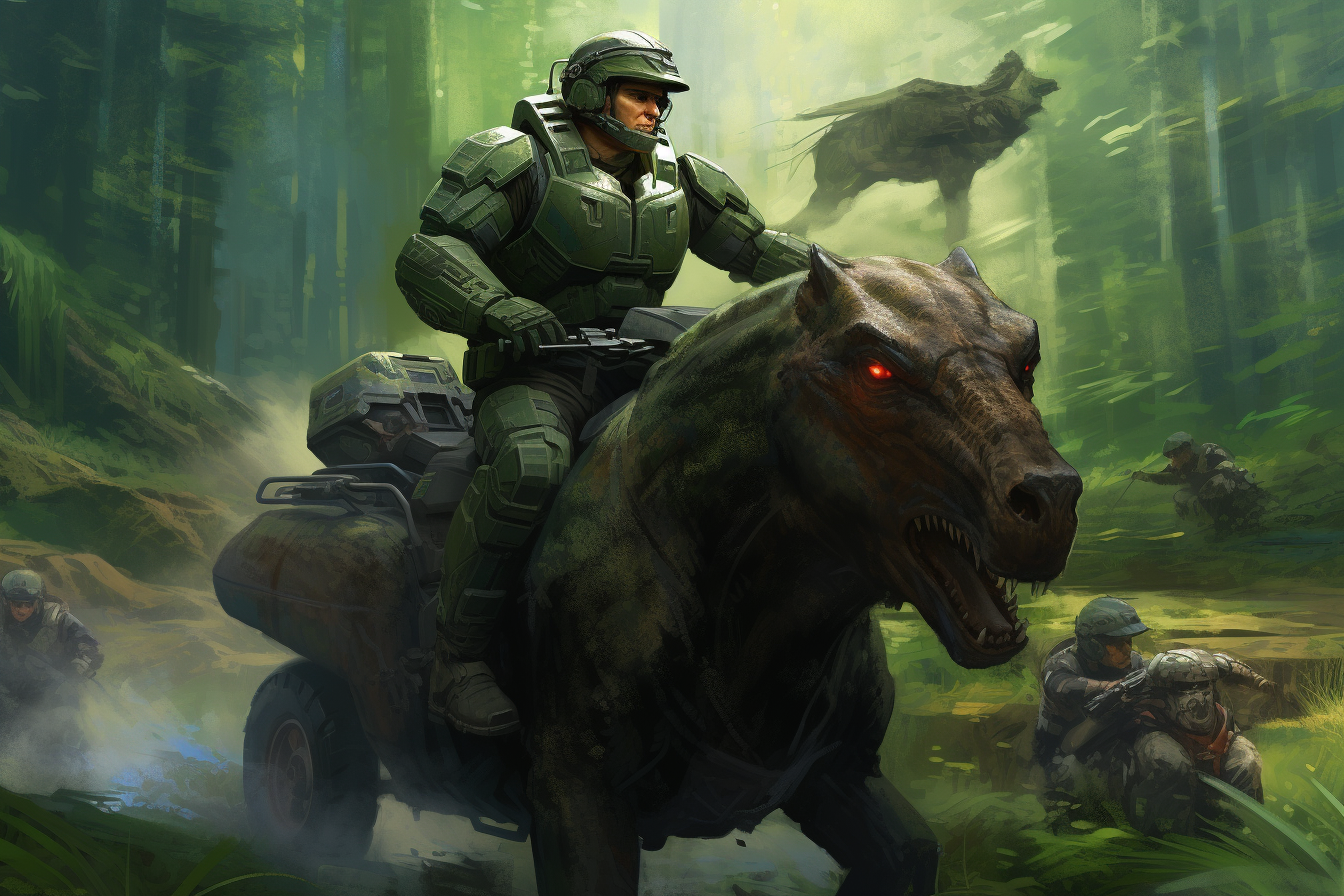 Master Chief rides buffalo, guns down covenant operatives