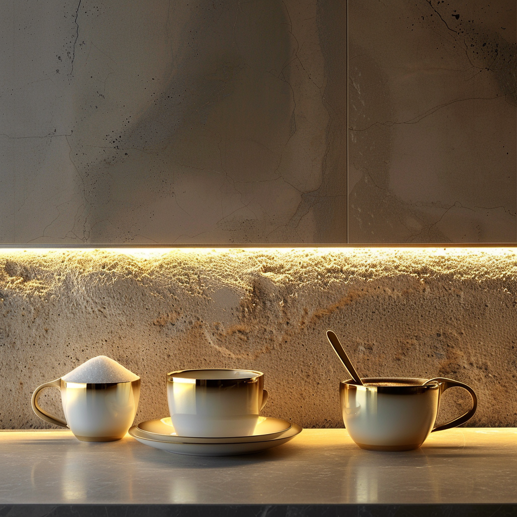 Iridescent gold coffee cup on counter