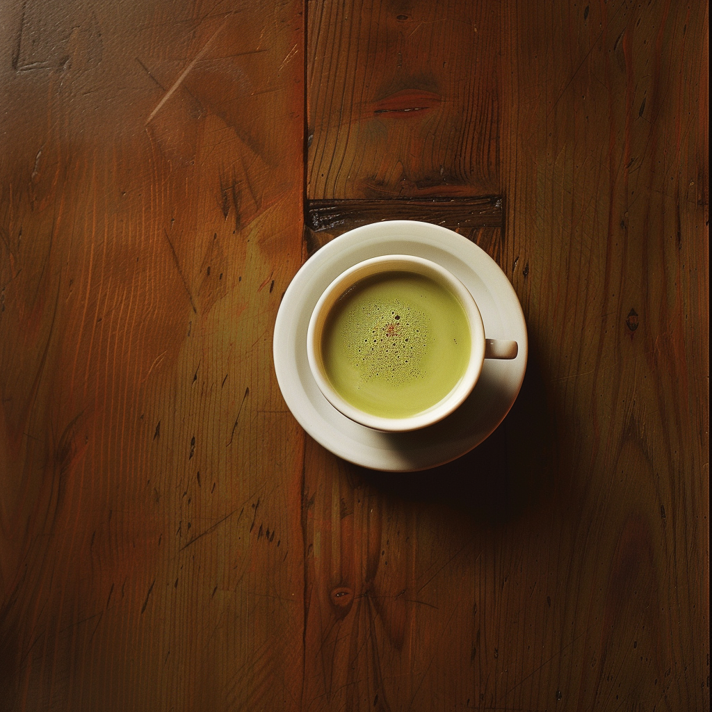 Matcha cup on wooden table with lipstick smudge