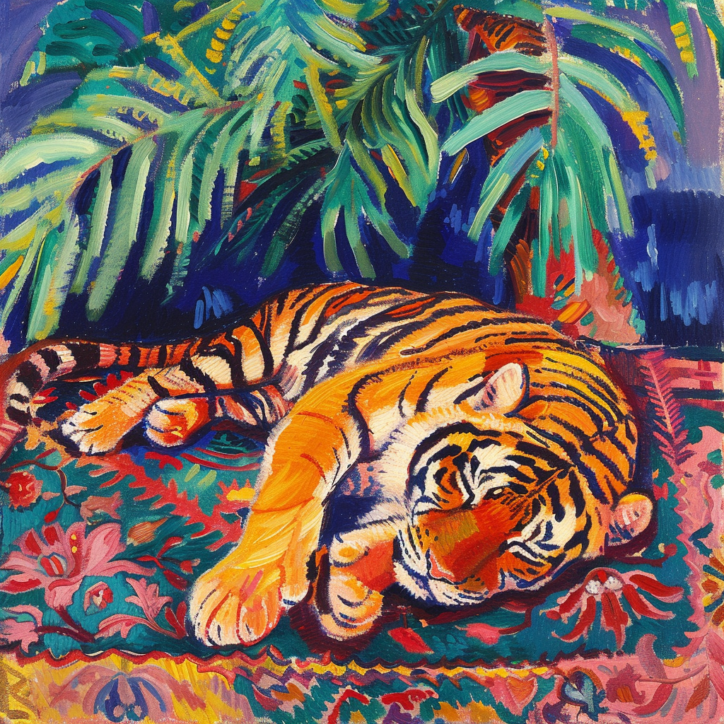 Fauvism painting with sleeping tiger on rug under palm tree