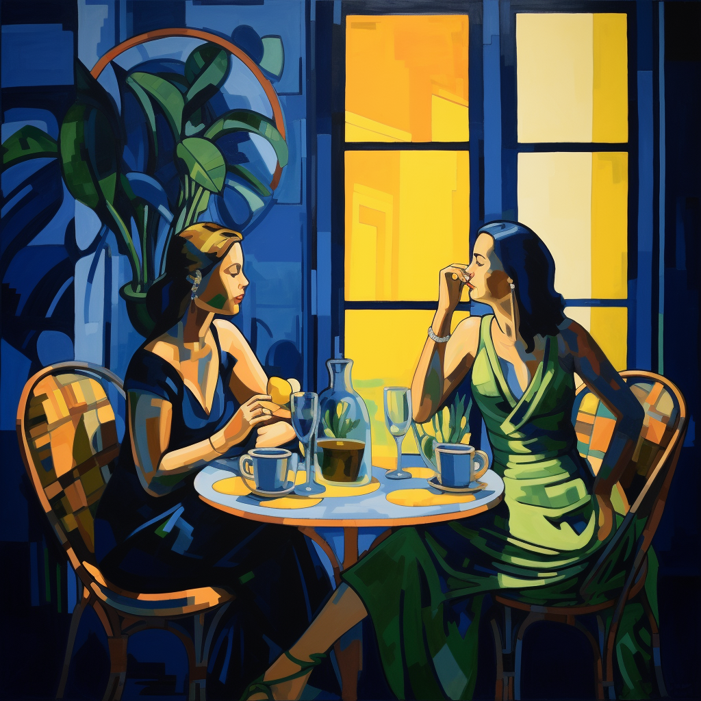 Two women enjoying wine at a moonlit café