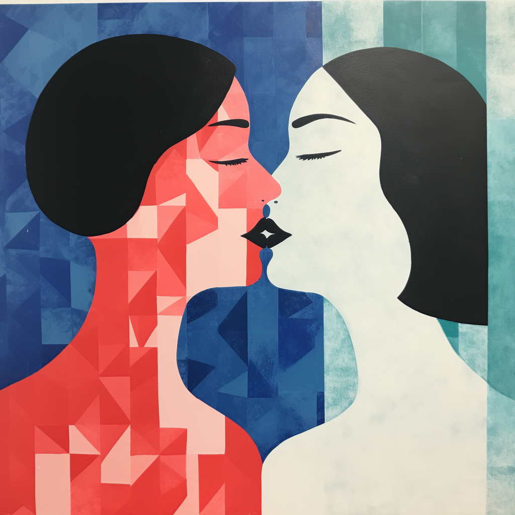 Minimalist painting of two women kissing