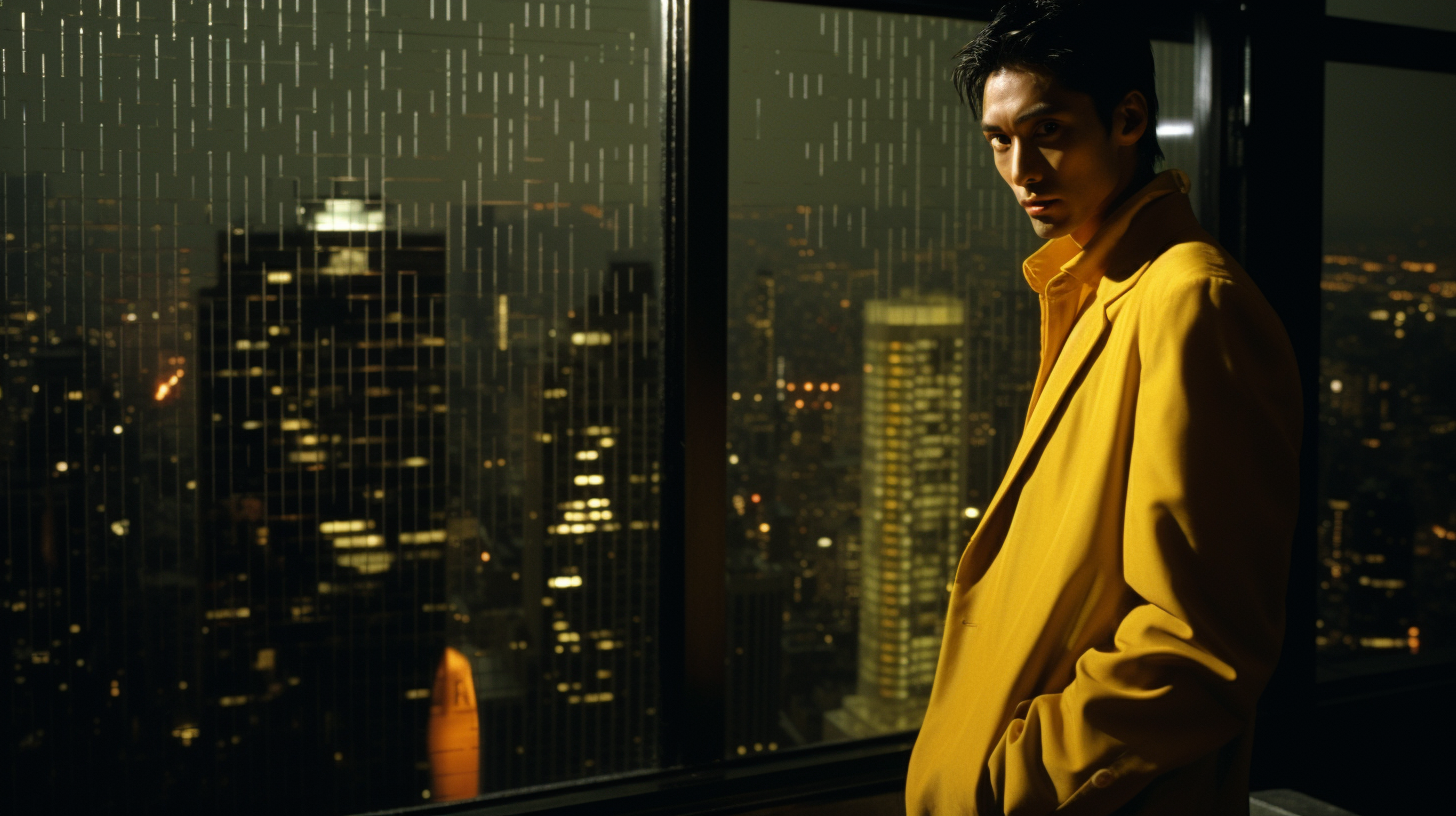 Tony Leung in yellow suit looking out at cityscape