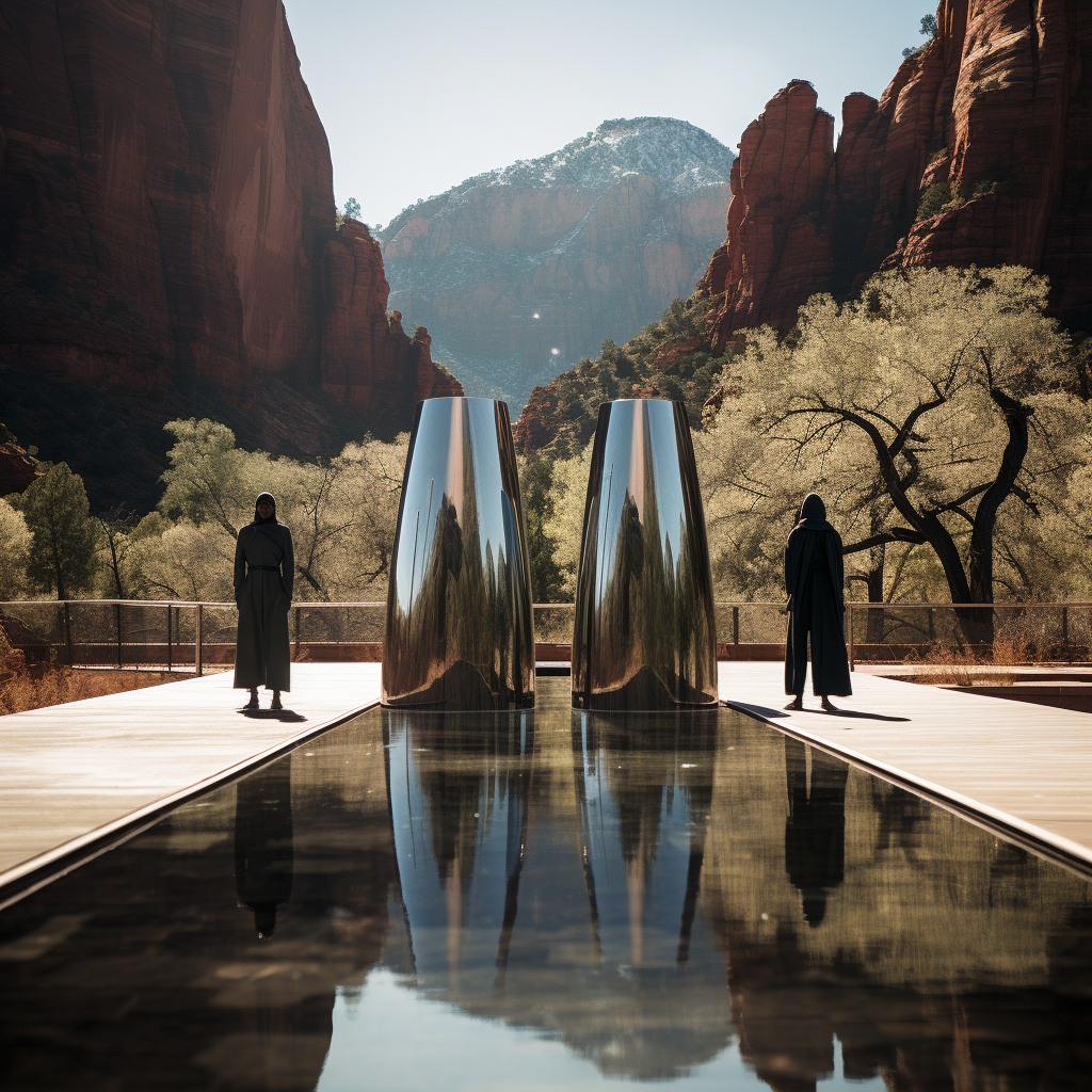 Matrix trio in Zion with futuristic architecture