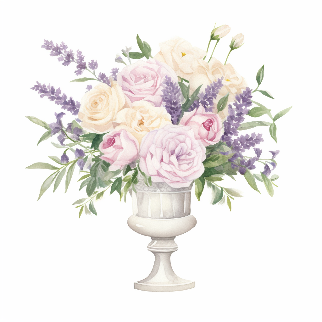 Watercolor floral arrangement lavender roses in pedestal vase