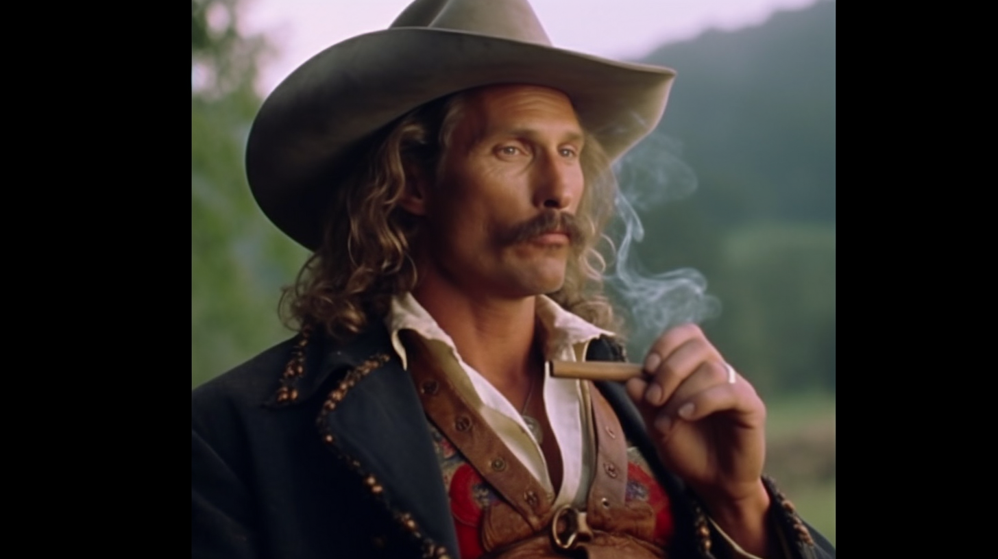 Matthew McConaughey as Buffalo Bill Cody smoking a cigar