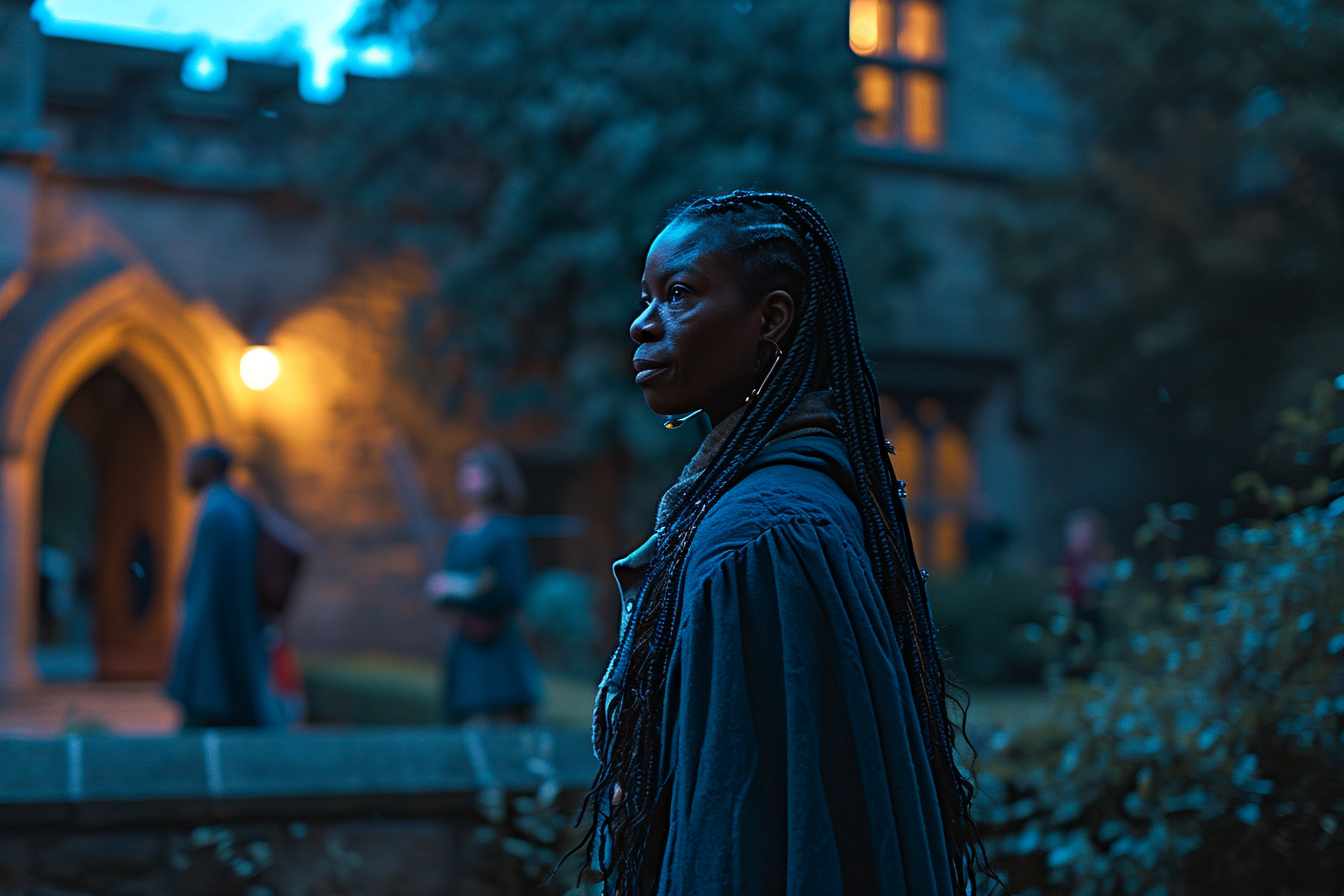 Image of a mature African American matron in a garden at night