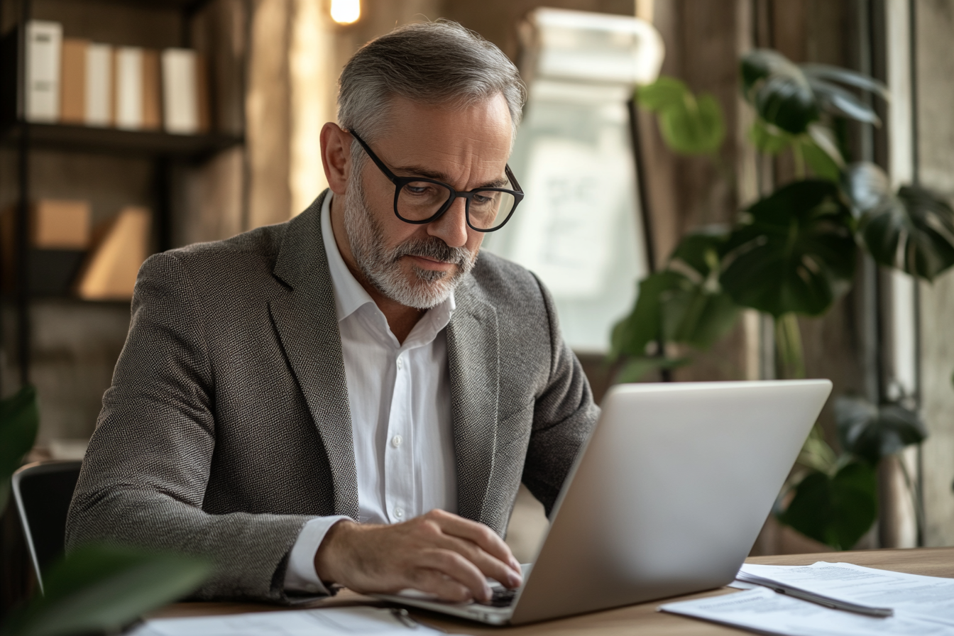 Mature businessman working on laptop