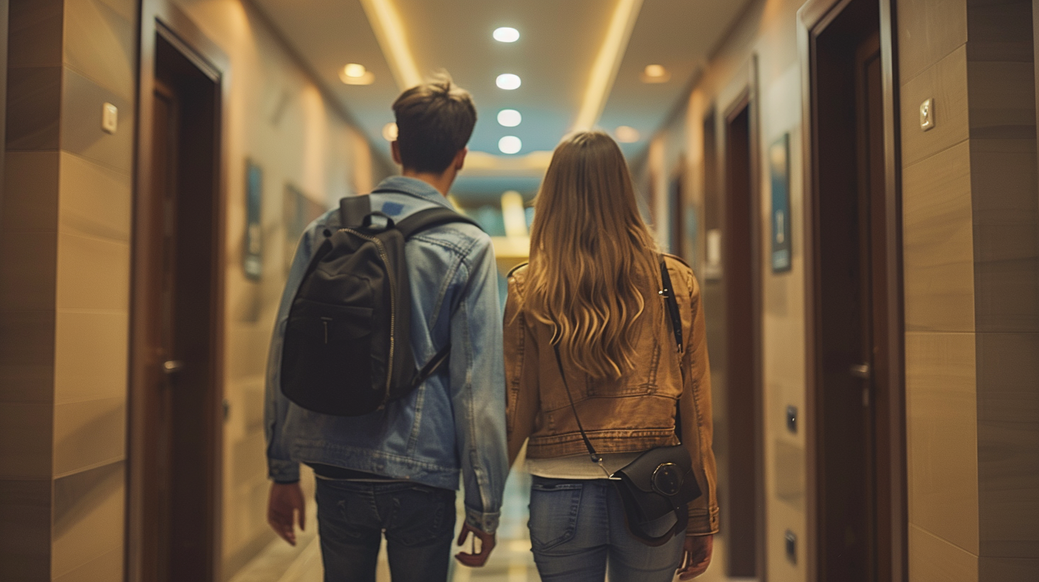 Older couple entering stylish apartment