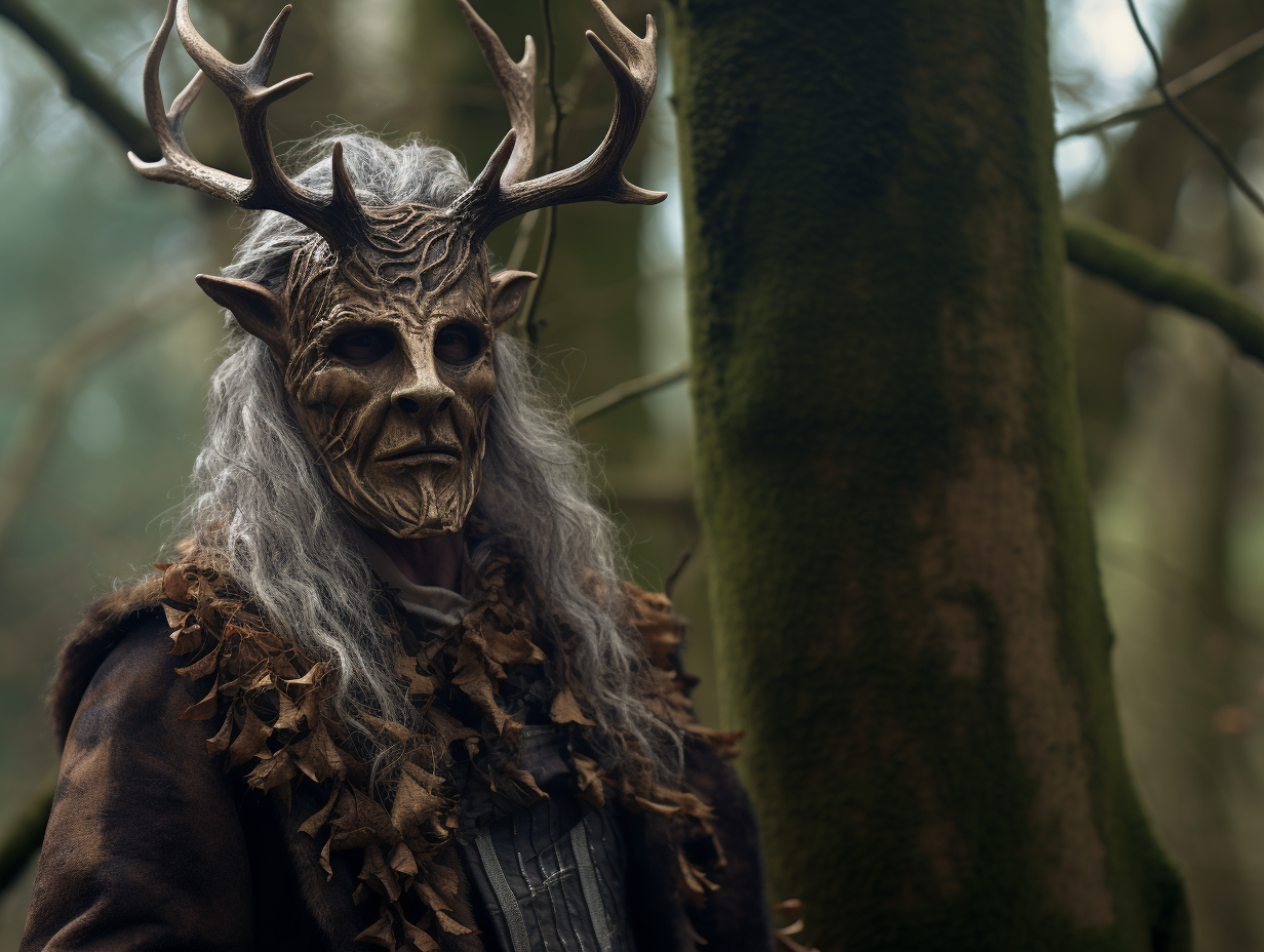 Mature man wearing stag deer mask in English woodland