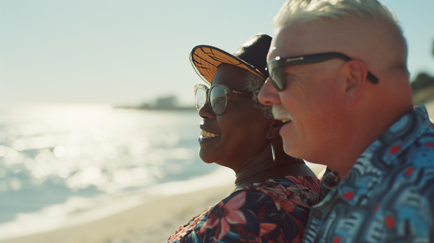 Smiling Mature Senior Black Woman White Man Couple on Beach