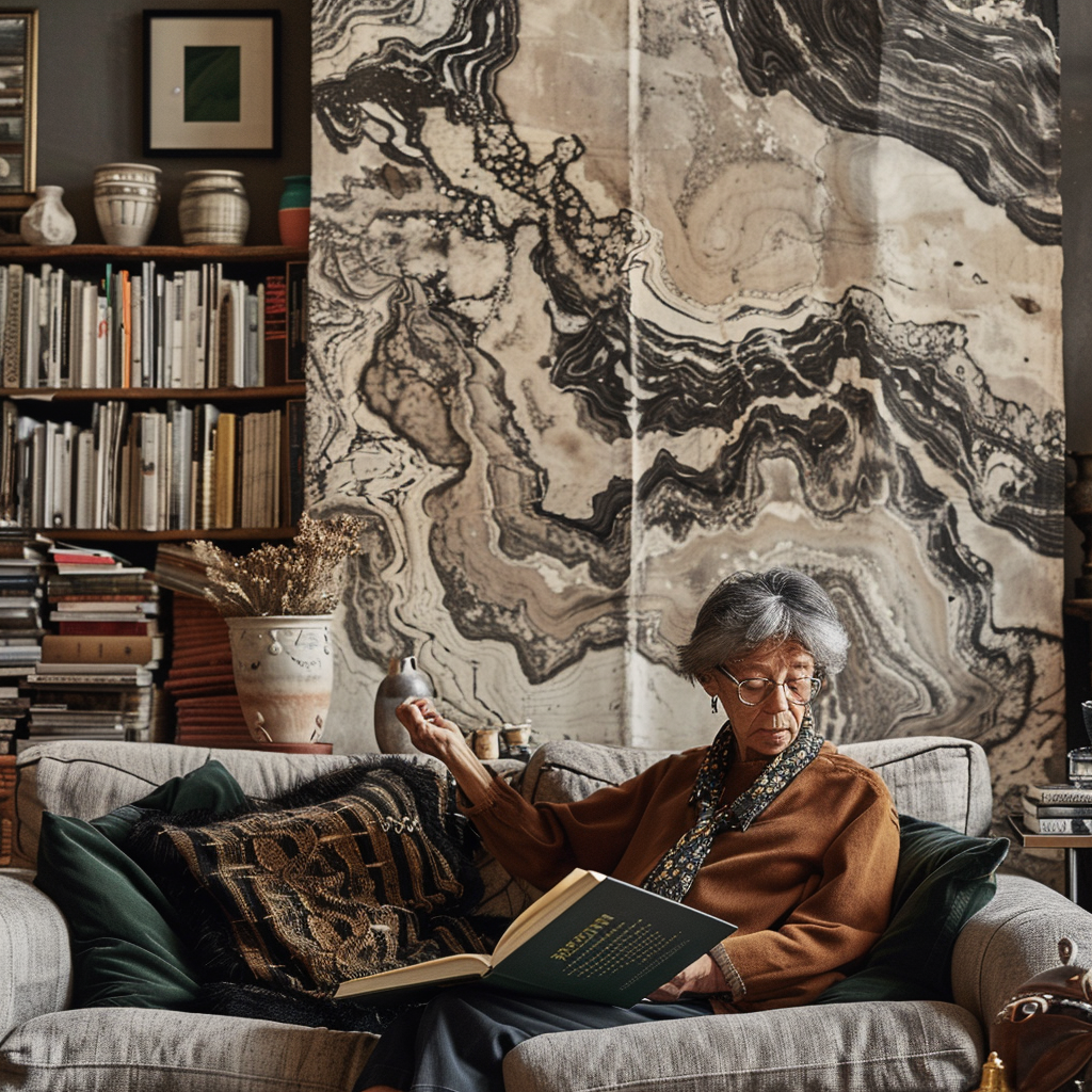 woman reading book in living room