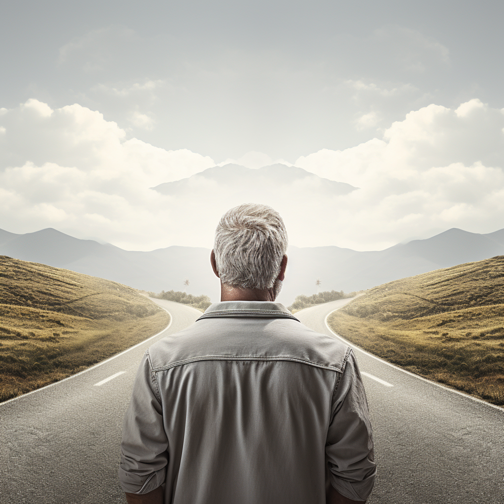 Mature man contemplating landscape between two roads