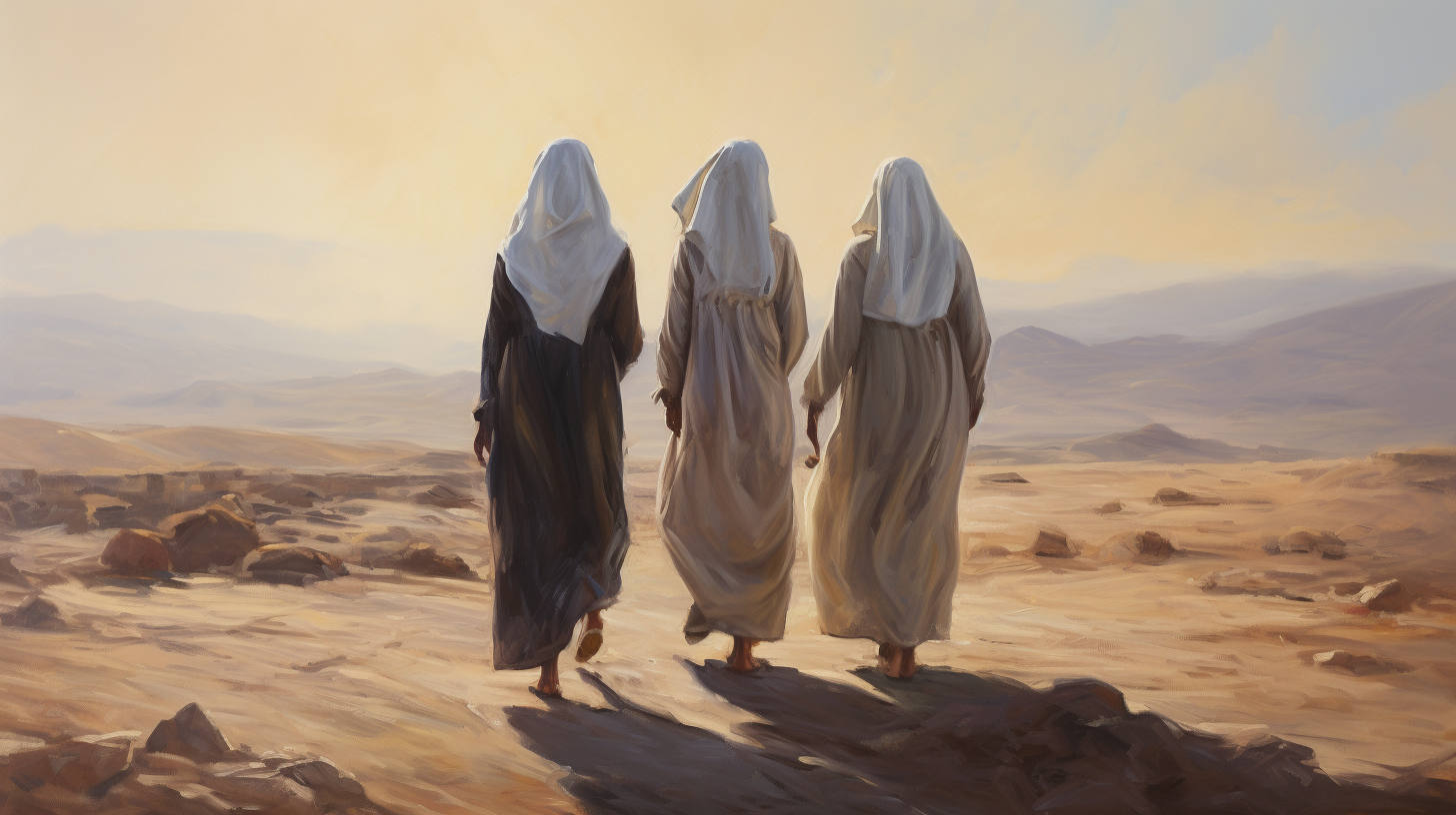 Three mature women standing in dramatic lighting