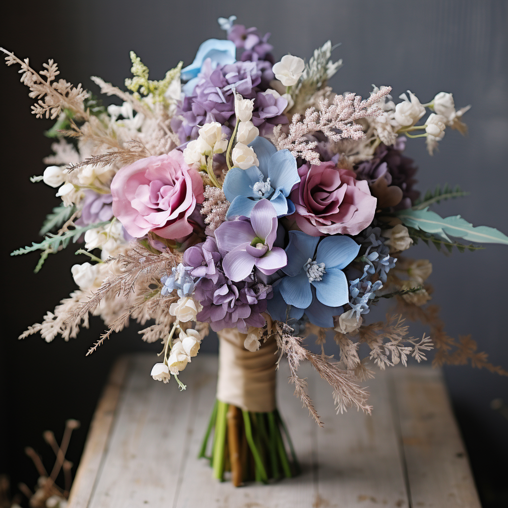 Mauve wedding bouquet with light blue delphinium