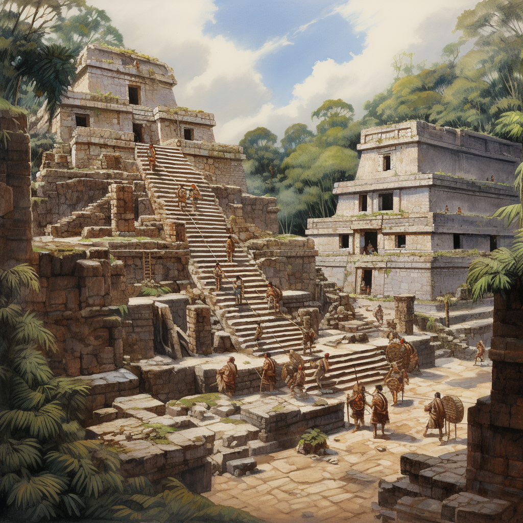 Mayan Indians observing Mayan temple steps