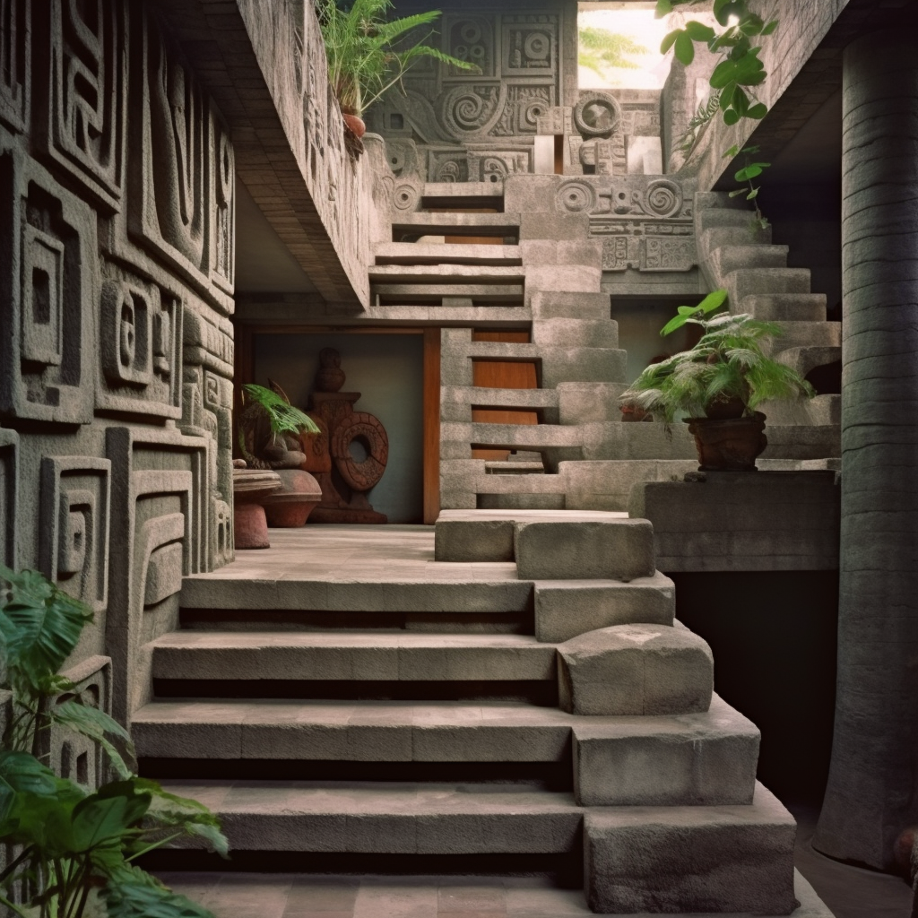 Mayan Mexican Stairway with Sculptures