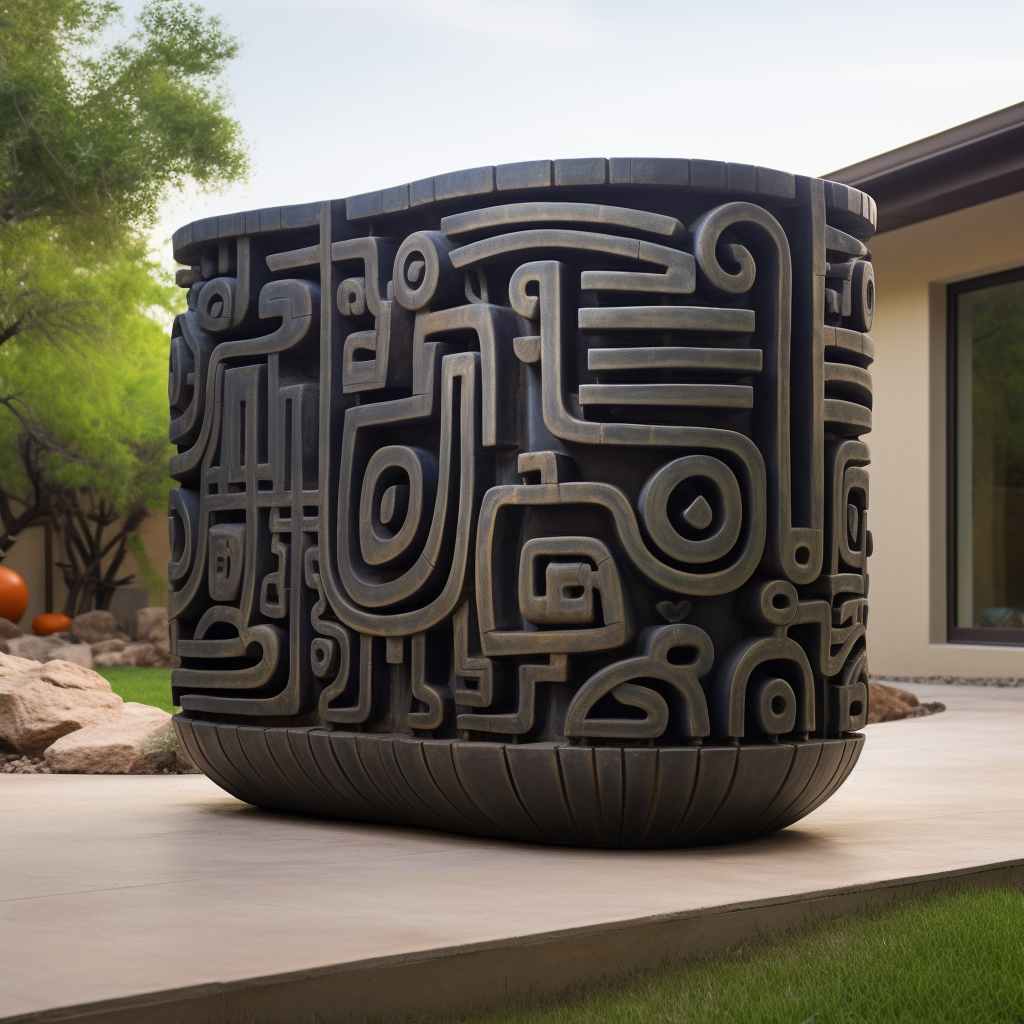 Mayan-inspired rainwater container fence