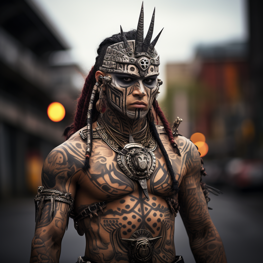 Tribal tattoos adorn post-apocalyptic Mayan warrior