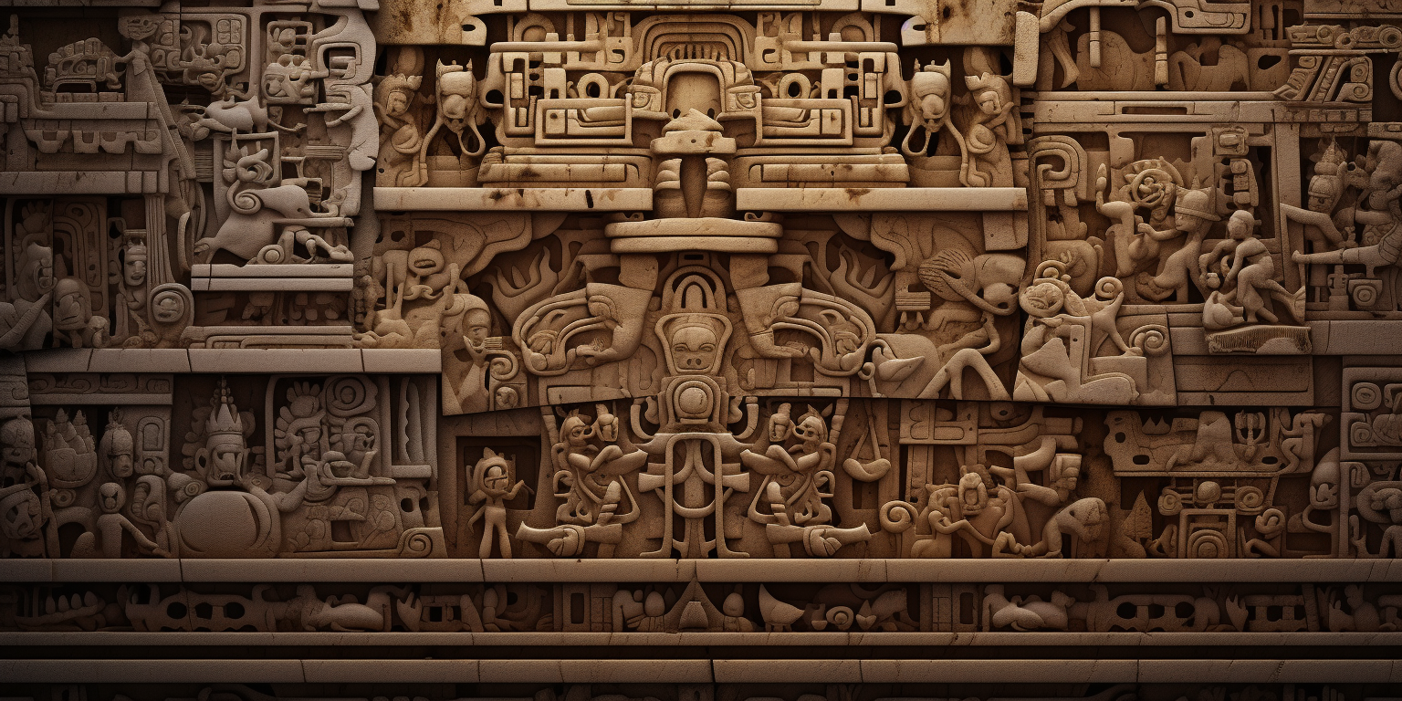 Intricate Mayan architecture carvings on rock trim sheet