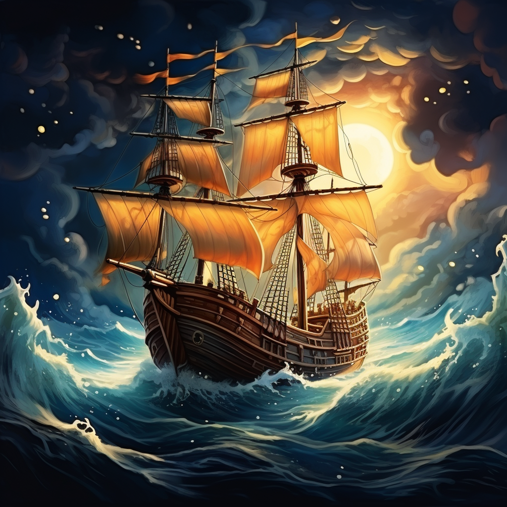 Illustration of Mayflower ship in storm