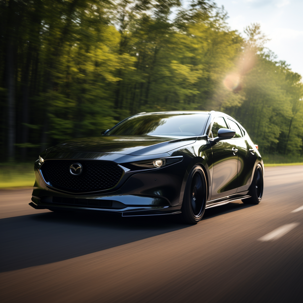 Satin black Mazda 3 hatchback racing