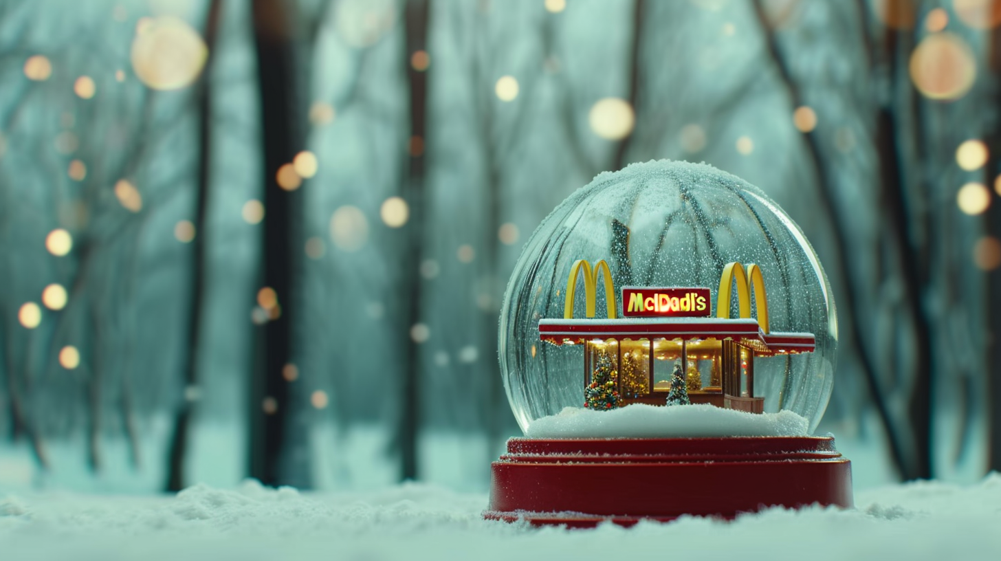 McDonald's Restaurant Snow Globe with Symmetry and Cinematic Trees