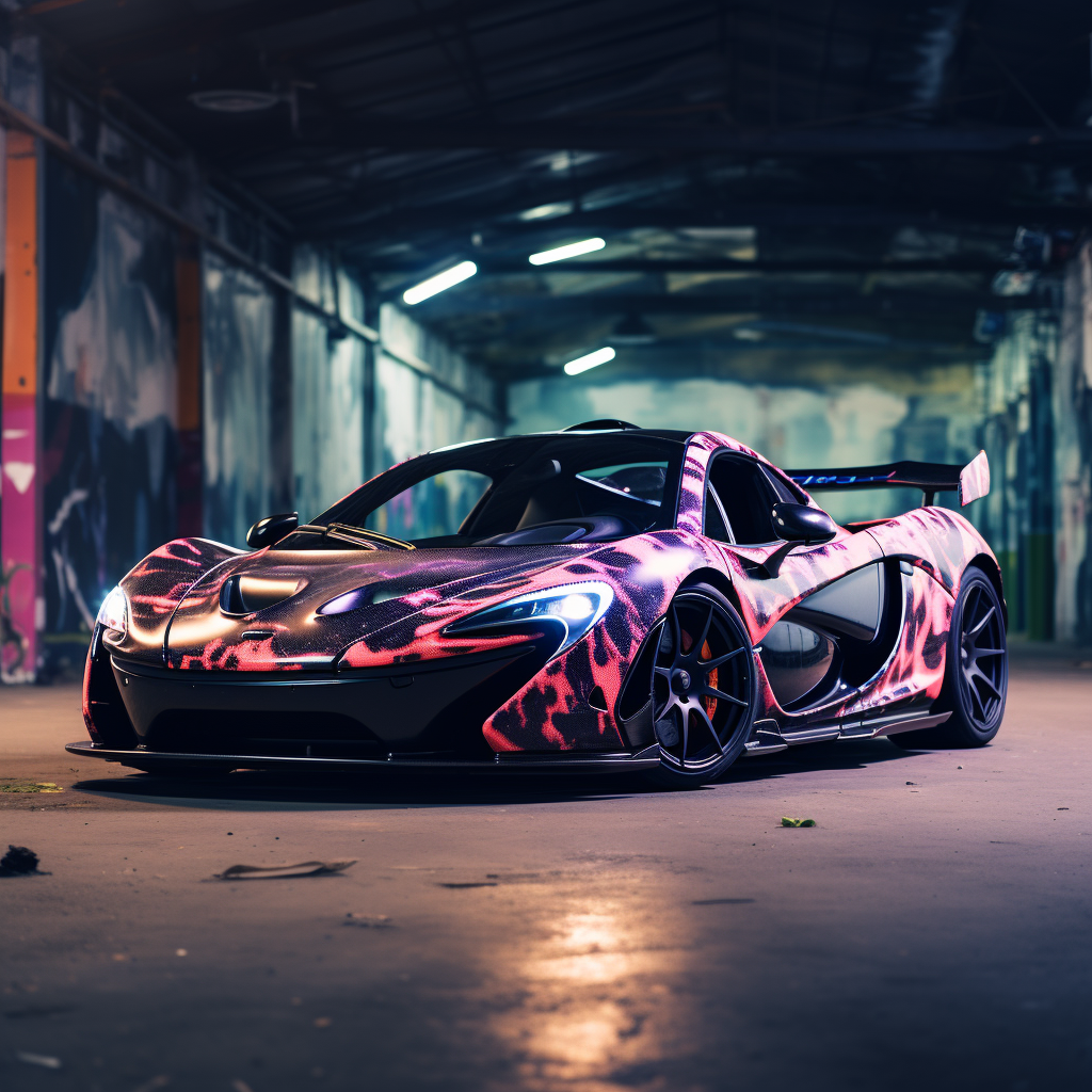 McLaren P1 parked in vibrant graffiti parking lot