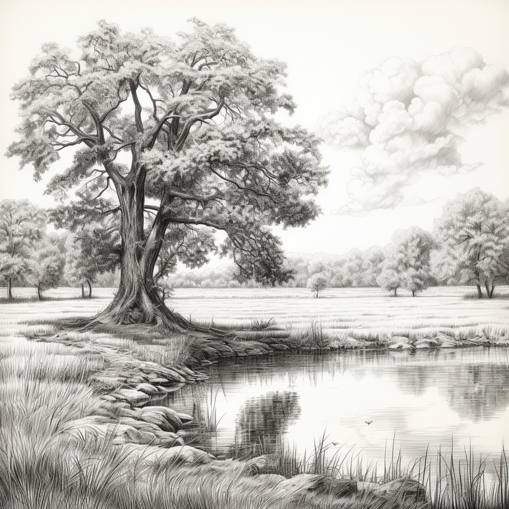 Pencil drawing of a serene meadow with a pond and oak tree