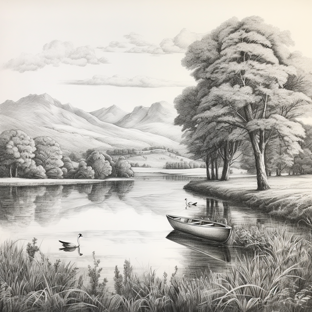 Pencil drawing of a serene meadow with a pond and oak tree