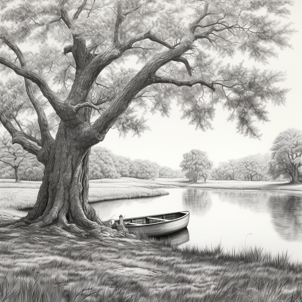 Serene scene of meadow, pond, rowboat, and oak tree