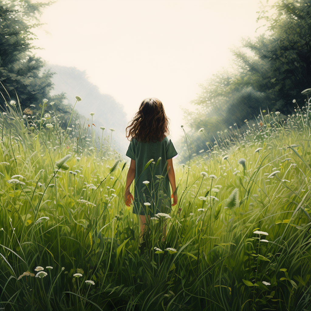 Girl playing in enchanting giant grass meadow