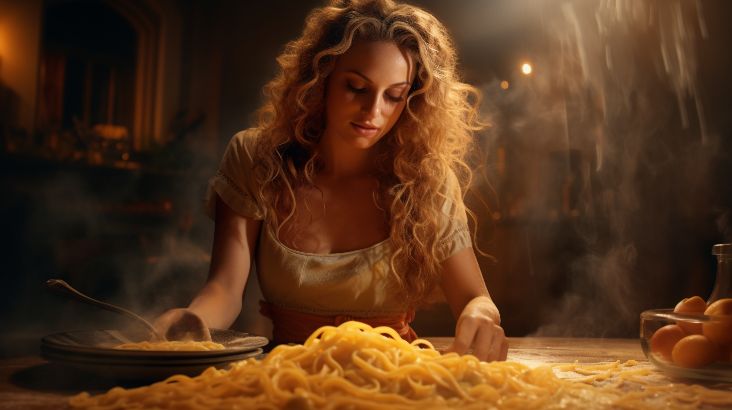 Woman sprinkling cheese on meat pasta