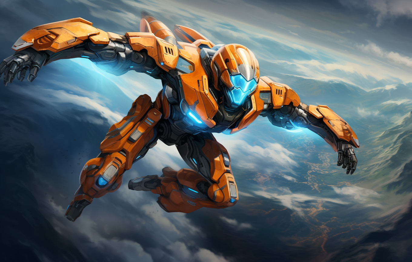 Orange and Blue Mech Flying in Space