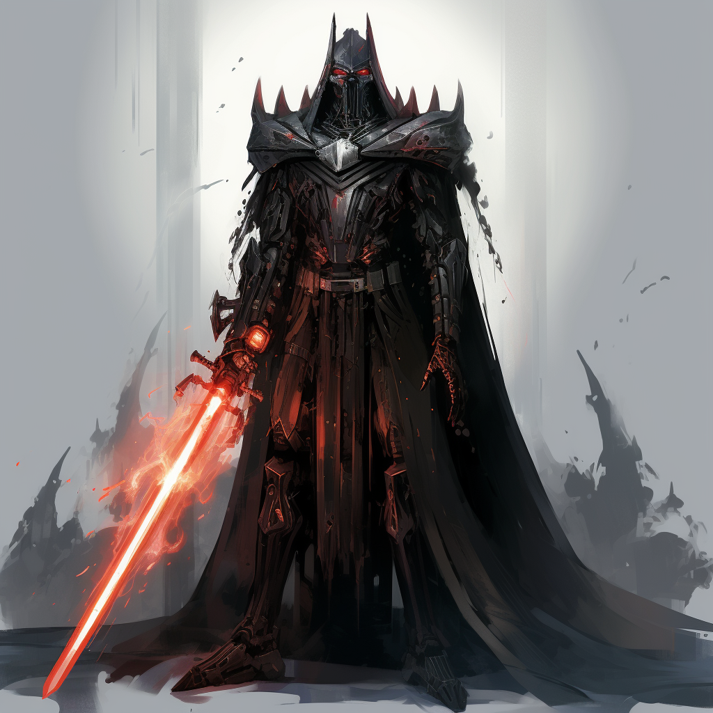 Tall lanky mech character with energy blade in Darth Vader shape