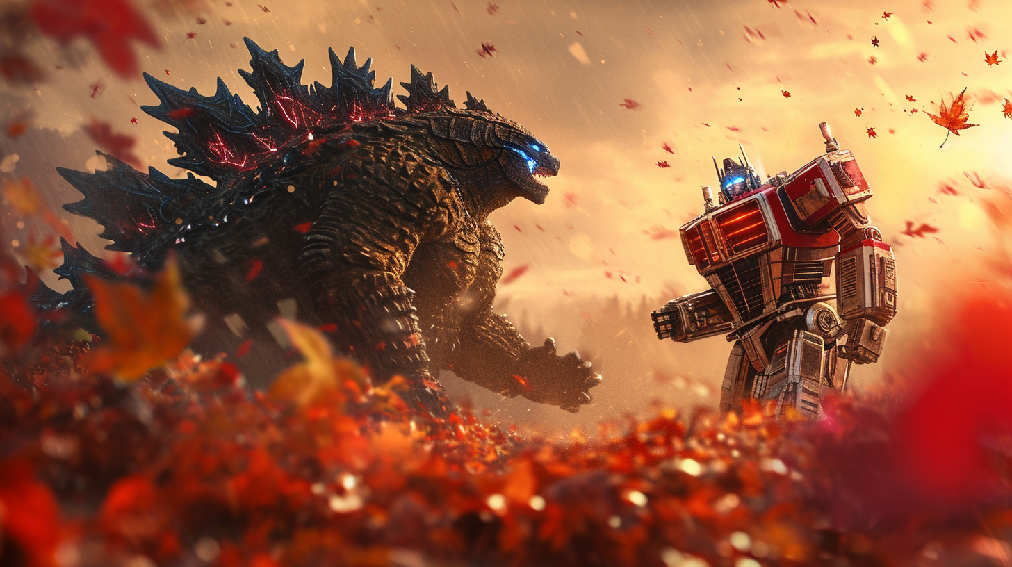 Mecha Godzilla and Optimus Prime in Romantic Fall Setting