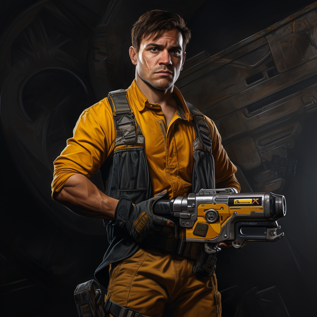 Mechanic Holding Pistol in Grey Dungarees