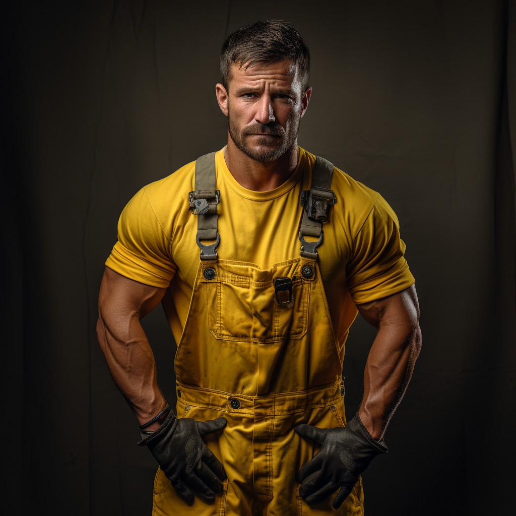 Mechanic Pointing Yellow Shirt Grey Dungarees