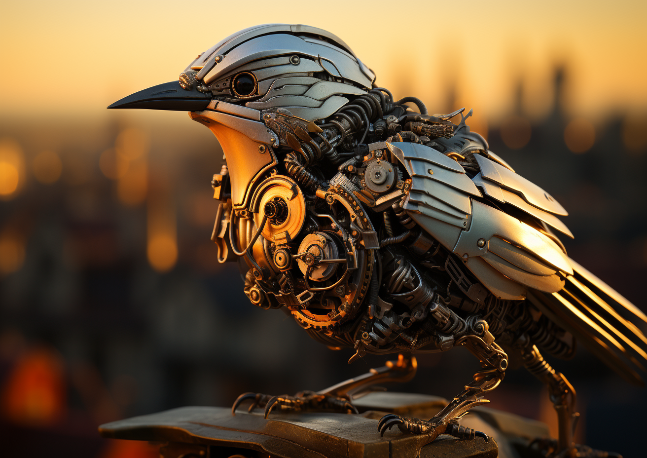 Mechanical bird catching a worm in futuristic world