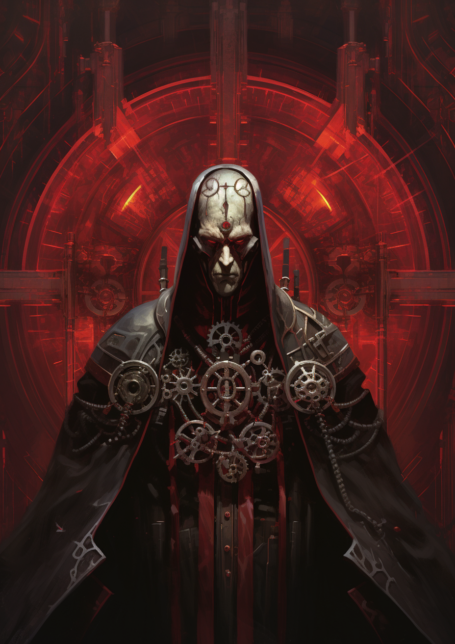 Techno-priest with Toothed Wheel in Red Tunic