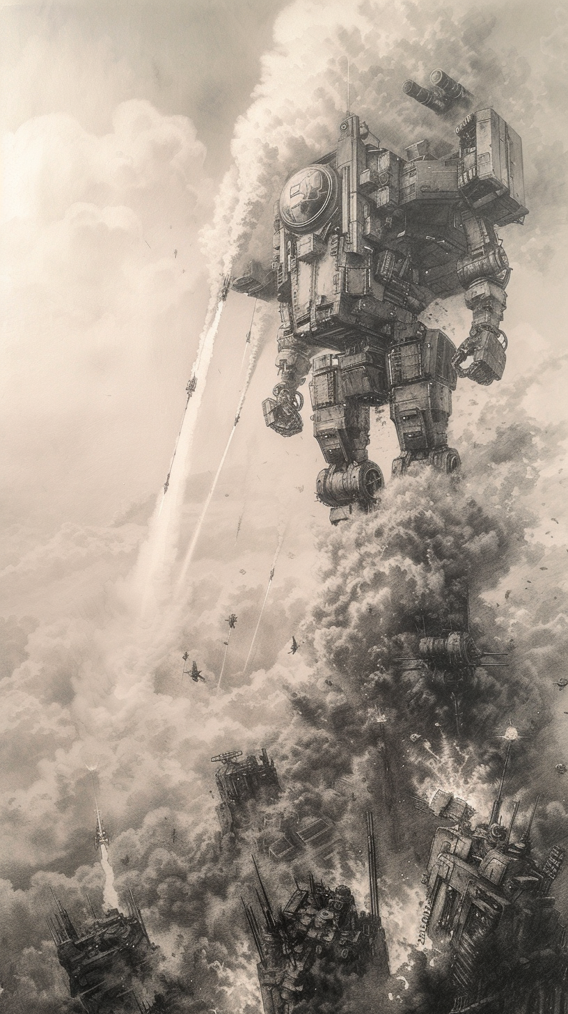 Mechwarriors Rocket Firing Silverpoint Drawing